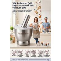 Sarımsak Ezici ve Havan Seti - Kapaklı 1.6 Kg Profesyonel Kaymaz Tabanlı Baharat, Zencefil ve İlaç Öğütücü Havan 304 Paslanmaz Çelik 721519