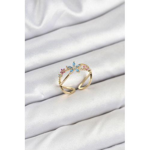 Pirinç Gold Renk Zirkon Taşlı Mavi Çiçekli Kadın Yüzük