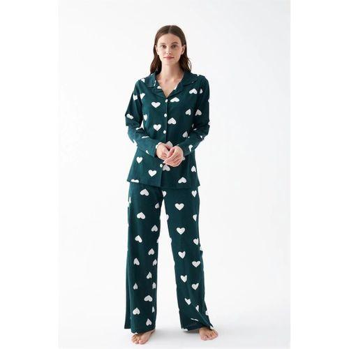 Kadın Zümrüt Yeşili Kalp Desenli Düğmeli Pamuklu Pijama Takımı