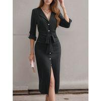 Kadın Uzun Kollu önden Düğmeli Beli Kuşaklı Aerobin Midi Elbise