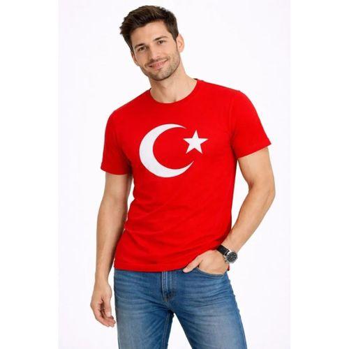 Erkek T-Shirt Kısa Kol Bisiklet Yaka Ay Yıldız Bayrak Baskılı Tişört - Kırmızı