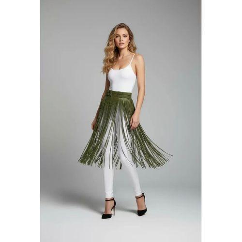 Haki Etek Uzun Püskül Detaylı Etek Suni Deri Etek Yüksek Bel Etek - Brf1090