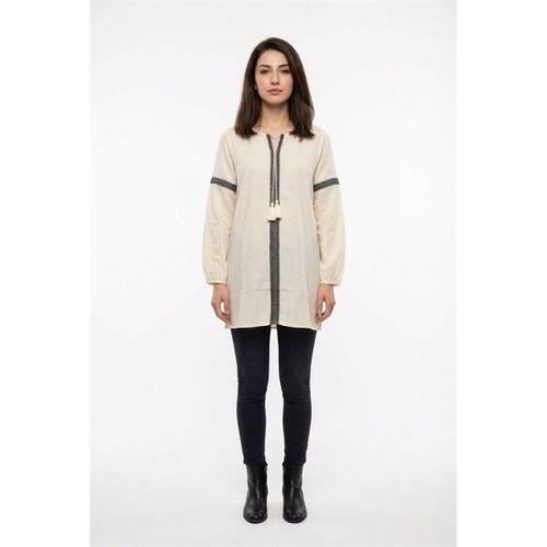 Uzun Kol Dicle Bağcıklı V Yaka Yazlık Şile Bezi Tunik Krem Krm