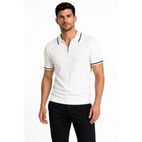 Erkek Fitilli Triko T-shirt Polo Yaka Yarım Fermuarlı Kısa Kollu Tişört - Beyaz
