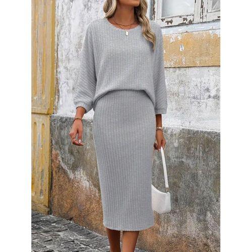 Kadın Uzun Kollu Yuvarlak Yakalı şardonlu Kaşkorse Bluz Ve Etek Ikili Takım