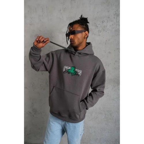 Erkek Baskılı Kapüşonlu Ve Kordon İpli Sweat - Gri