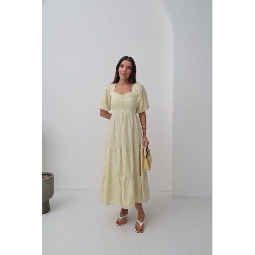 Sarı Süs Düğmeli Balon Kollu Elbise