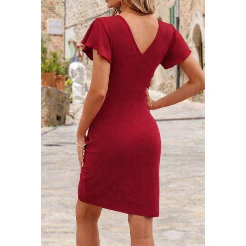 Kadın Uzun Kollu Volanlı Kruvaze Yaka Yanlardan Büzgülü Ithal Krep Elbise