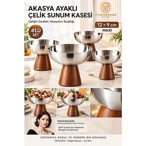 4 lü - MAXI - Akasya Ayaklı Çelik Dondurmalık  Çerezlik Pasta Meyve Sunum Kasesi İkramlık Seti 18/10 304 Çelik 723771
