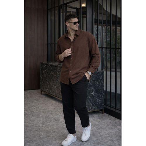 Nefes Alabilir Yarım Oversize Müslin Kumaş Uzun Kol Yakalı Erkek Gömlek - Kahve