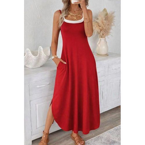 Kadın Ip Askılı Yuvarlak Yakalı Cepli Uzun Viskon Elbise