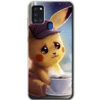 MRCİLETİSİM Samsung Galaxy A21s Kılıf HD Desen Baskılı Arka Kapak + Temperli Cam - Üzgün Pikaçu