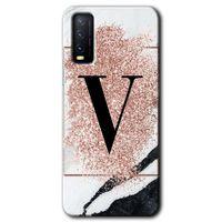 Vivo Y20 Kılıf HD Desen Baskılı Arka Kapak + Temperli Cam - Pembe Mermer Desenli V Harfi