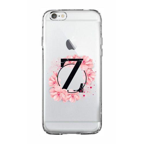 iPhone 6 Pembe Çiçek Desen Z Harfli Şeffaf Kılıf