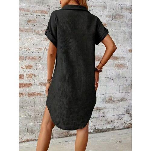 Kadın Kısa Kollu Yakalı önden Düğmeli Bürümcük Kısa Elbise