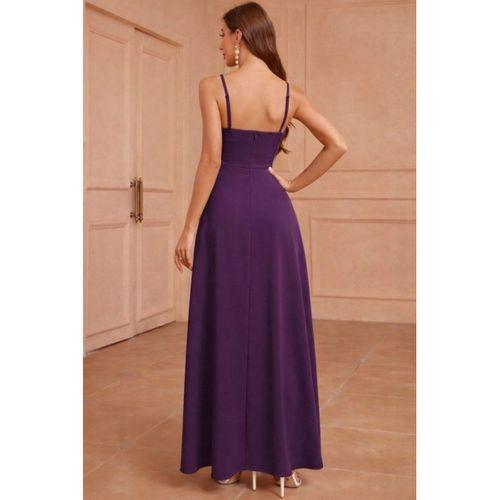 Kadın Ip Askılı Kruvaze Yakalı Yırtmaçlı Uzun Ithal Krep Elbise