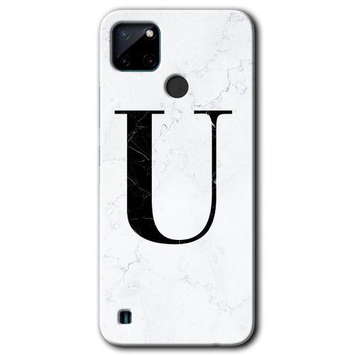 MRCİLETİSİM Realme C21 Kılıf Baskılı Kapak - Beyaz Mermer Desenli U Harfi + 5D Tam Kaplayan Cam