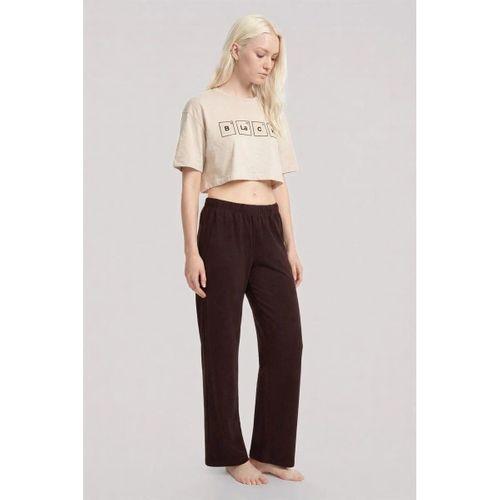 Kadın Kum Kahve Baskılı Crop T-shirt Pantolon Takım Rahat Günlük Spor Şık İkili Set