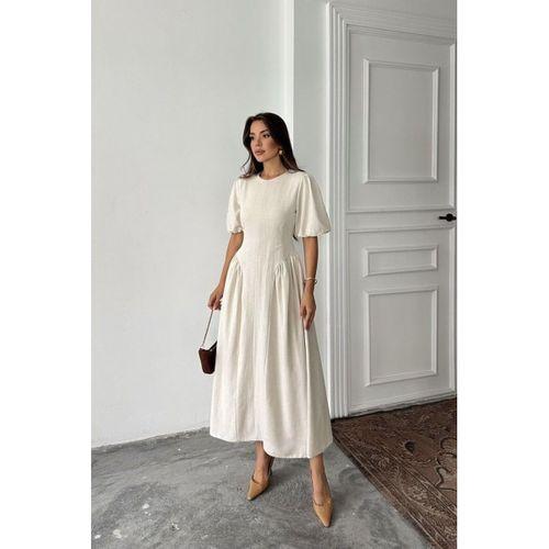 Bej Arkadan Bağlamalı Büzgülü Keten Elbise