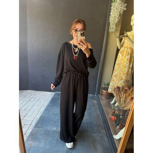 Kadın Uzun Kollu Tek Omuzdan Açık Viskon Iki Iplik Bluz Ve Pantolon Ikili Takım