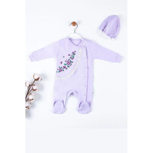 Çiçek Nakışlı Şapkalı % 100 Pamuk Kız Bebek Tulumu