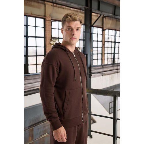Haneke Regular Kalıp Diagonal 3 İplik Fermuarlı Kapüşonlu Erkek Sweatshirt - Kahve