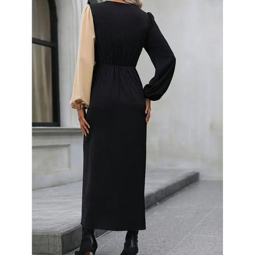 Kadın Uzun Kollu Kruvaze Yakalı Belden çapraz Detaylı çift Renkli Midi Ithal Krep Elbise