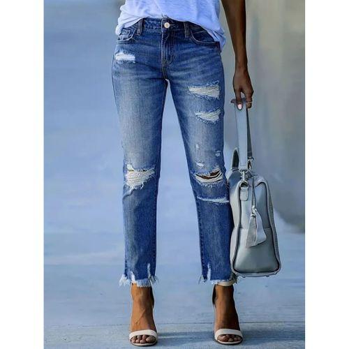 Kadın Dar Kesim Cepli önden Yırtık Desenli Denim Pantolon