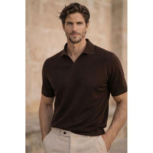 Dawson Polo V Yaka Düğmesiz Kısa Kollu Tok Kumaş Triko Erkek T-Shirt - Kahve