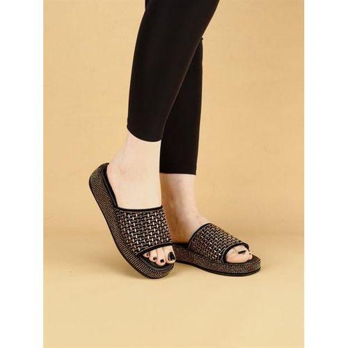 LAYKLY Taş Detaylı Parlak Yazlık Model  Platform Kadın Altın Terlik