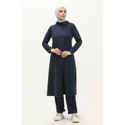 Kruvaze Balıkçı Yaka Sade Basic Uzun Tunik Panolon İkili Takım - 03043.015 - Lacivert