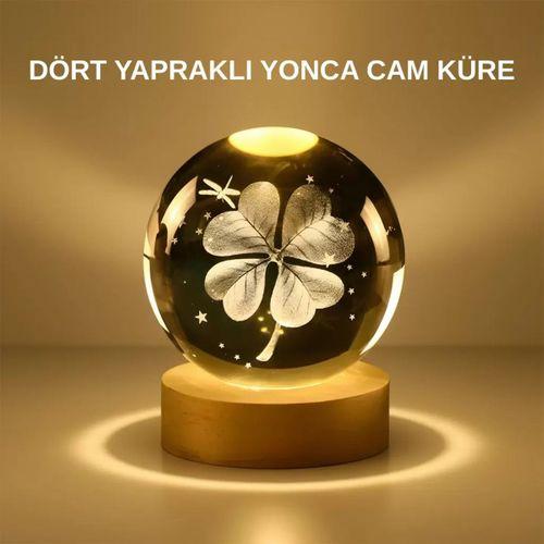 Dekoratif Yonca Görünümlü Işıklı Kristal Cam Küre Usb Masa Gece Lambası