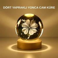 Dekoratif Yonca Görünümlü Işıklı Kristal Cam Küre Usb Masa Gece Lambası