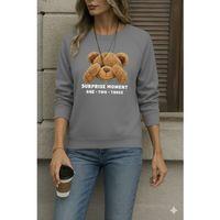 Kadın Uzun Kollu Bisiklet Yaka Ayıcık Desenli Viskon Iki Iplik Bluz