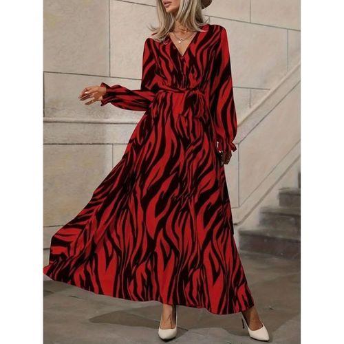 Kadın Uzun Kollu Kruvaze Yakalı Kuşaklı Zebra Desenli Süprem Maxi Elbise