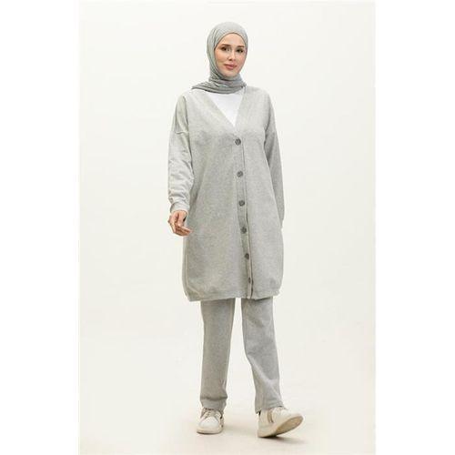 Düğmeli V Yakalı Sade Basic Eşofman Spor İkili Takım - 03051.008 - Gri