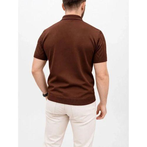 Erkek Yazlık Triko Tişört Kısa Kol Polo Yaka Düğmeli T-Shirt - Kahverengi
