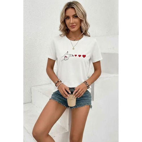 Minimal Kalp İşaret Baskılı Tişört Kısa Kol Yazlık T-Shirt - Beyaz