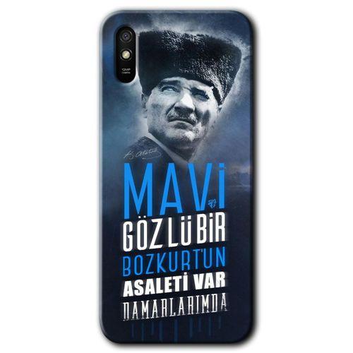 MRCİLETİSİM Xiaomi Redmi 9A Kılıf Kapak - Bozkurt Atatürk +Hayalet Ekran Yandan Gözükmez