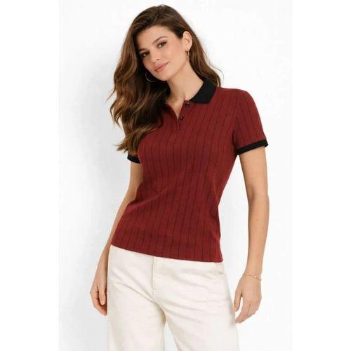 Polo Yaka Çizgili Tişört Kısa Kol Düğmeli Yazlık T-Shirt - Bordo