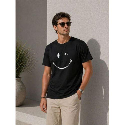 Erkek Minimal Gülümseyen Yüz Baskılı Tişört Kısa Kol Yazlık T-Shirt - Siyah
