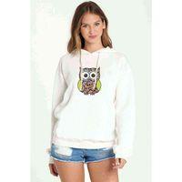 Baykuş Baskılı Beyaz Kadın Kapşonlu Sweatshirt