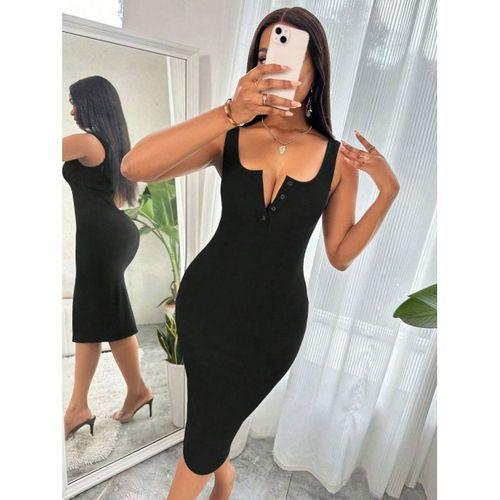 Kadın Askılı Yuvarlak V Yakalı Kaşkorse Midi Elbise