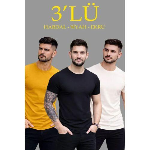 Erkek 3lü Bisiklet Yaka Tişört – Kısa Kollu Yazlık Slim Fit Body - Siyah, Ekru, Hardal
