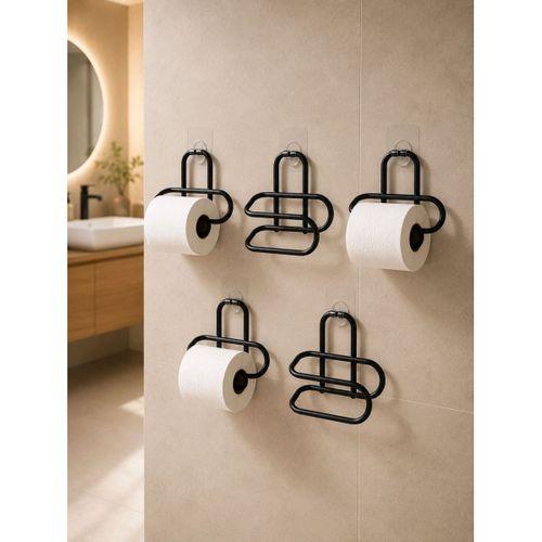 Delmeden Monte Tuvalet Kağıdı Askısı Siyah Metal Yapışkanlı Banyo Kağıtlığı 5’li Set
