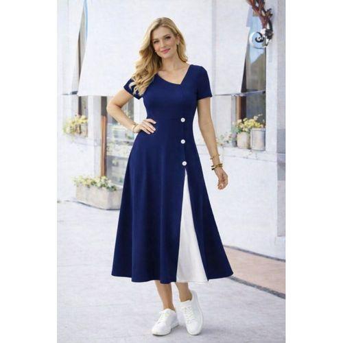 Kadın Kısa Kollu Asimetrik Yakalı Düğme Detaylı Midi Viskon Elbise