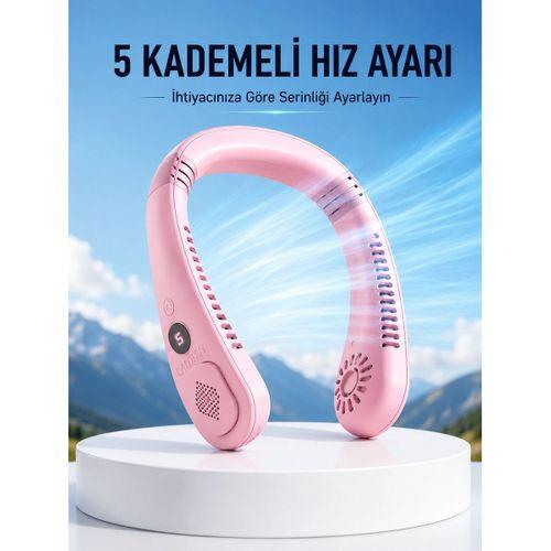 Pembe Taşınabilir Boyun Fanı Ergonomik Tasarım Çok Kademeli Hava Akışı