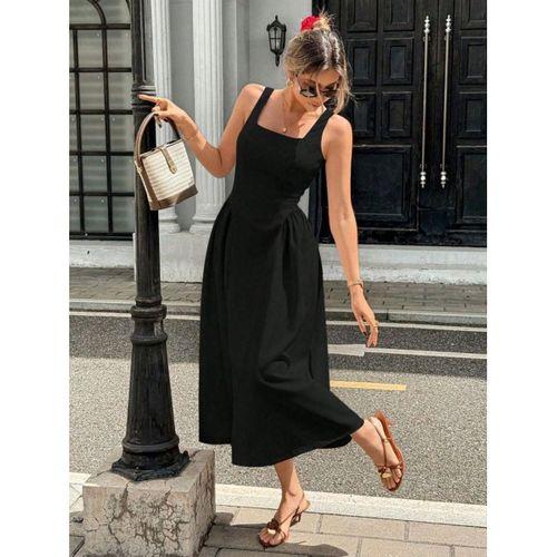 Kadın Askılı Kare Yakalı Uzun Ithal Krep Elbise