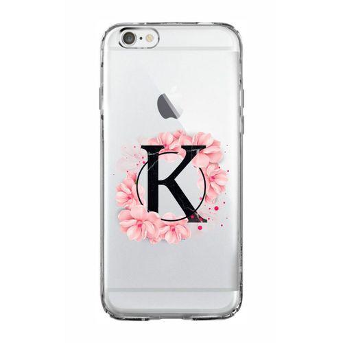 iPhone 6 Plus Pembe Çiçek Desen K Harfli Şeffaf Kılıf