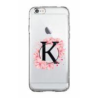 iPhone 6 Plus Pembe Çiçek Desen K Harfli Şeffaf Kılıf